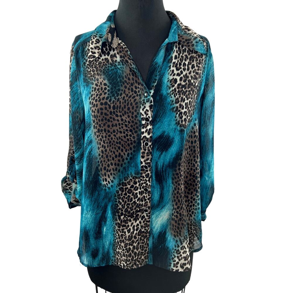 CLARA SUN WOO Blue Tan Leopard Print Rolled Cuff Sleeve Button Down Shirt Sz S